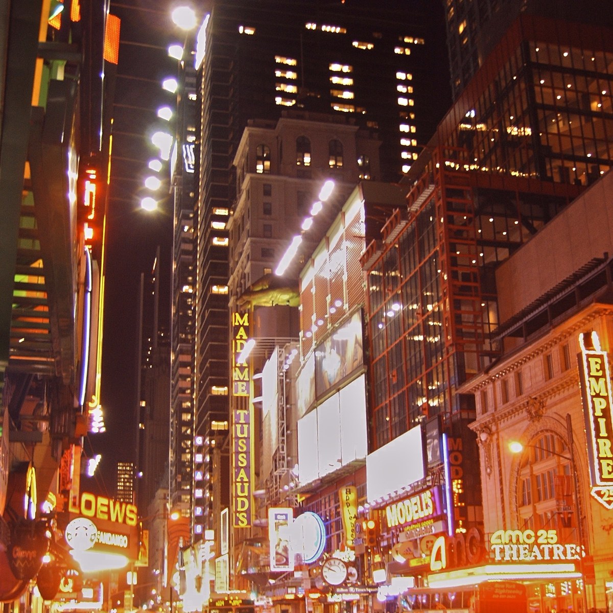 Broadway theatre signs at night